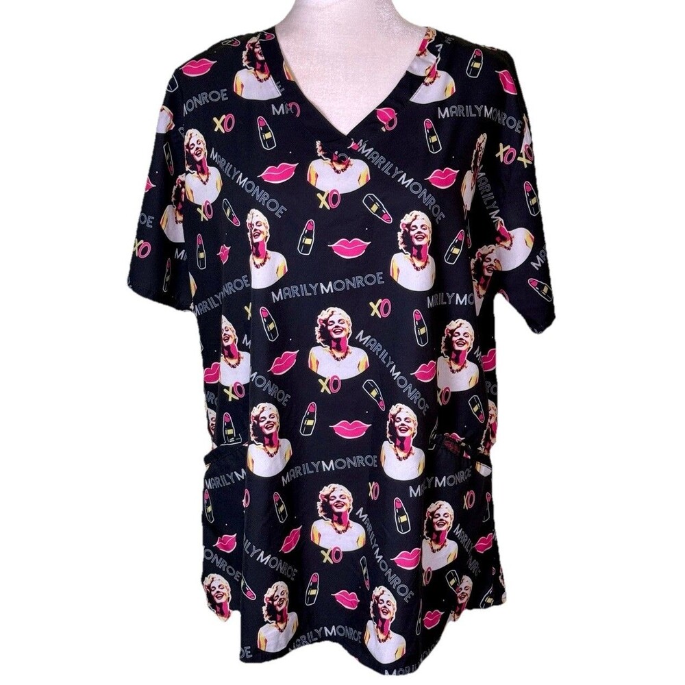 Women's Marilyn Monroe Black Pink Medical‎ Scrub Top Lipstick Lips Size 2XL